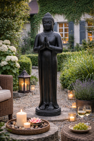 Statue de Bouddha - Décoration de jardin Décoration de chambre - Figurine en pierre moulée Résistant aux intempéries - Mélange de pierre de lave et de sable - 120 cm de hauteur