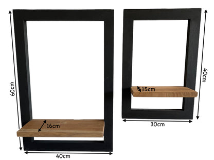 Set of 2 hanging shelves made of wood with black frame and natural brown shelf, wall shelf, modern wall decoration shelf, wall picture