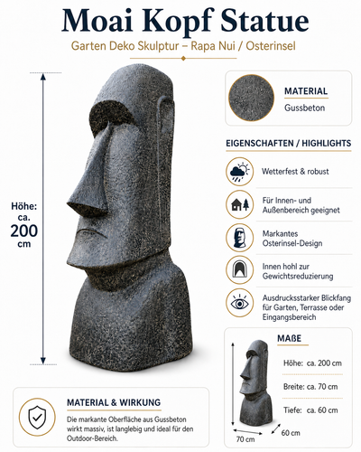 Moai Kopf Statue - Garten Deko Skulptur - Wetterfest - Rapa-Nui Osterinsel-Figur aus Glasfaserbeton Grau - 200x70x60 cm