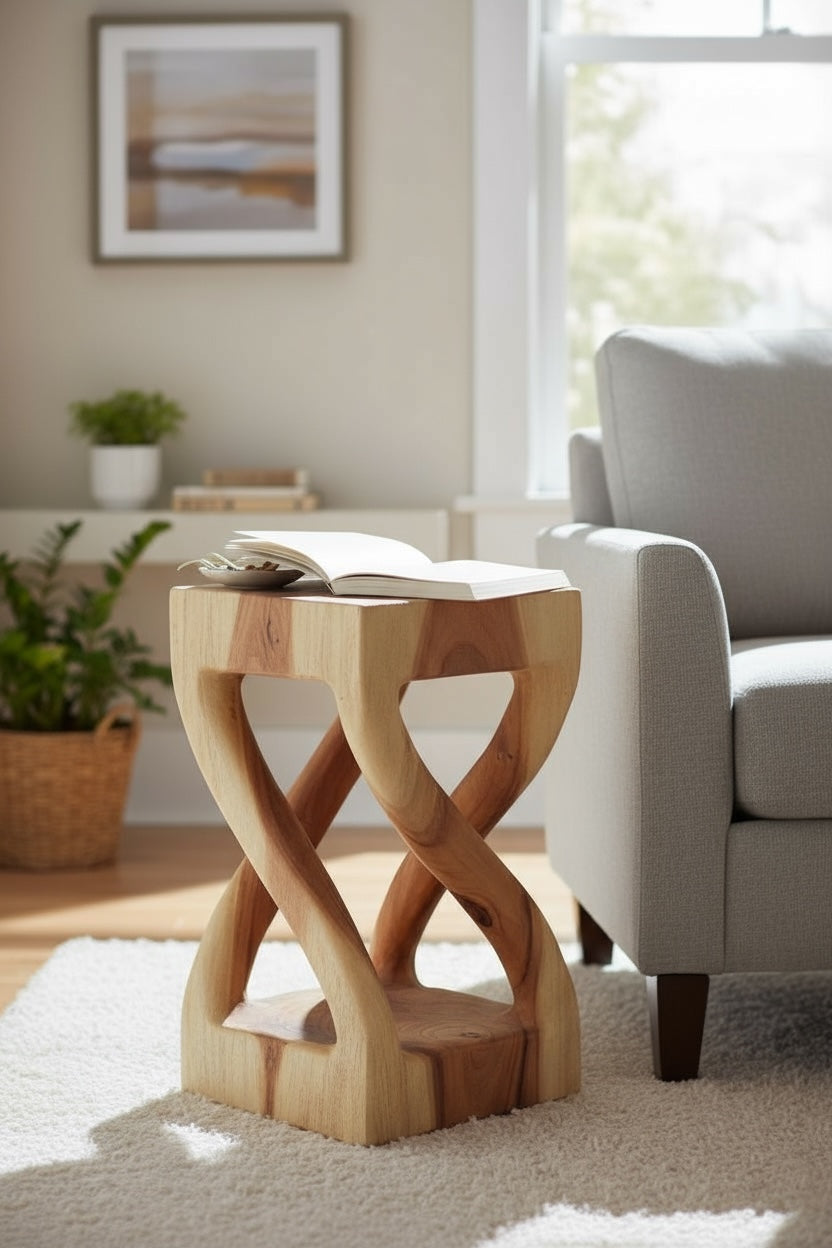 Table d'appoint en bois - table basse tabouret en bois - fait main - tourné en bois de suar massif clair - 50x28x28 cm