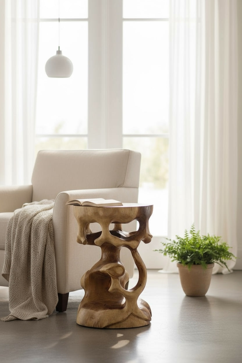 Holz Beistelltisch - Holzhocker Blumenhocker Hocker - Handgefertigt - Rund in Bonsai Style Saman-Holz - 40x30x30 cm