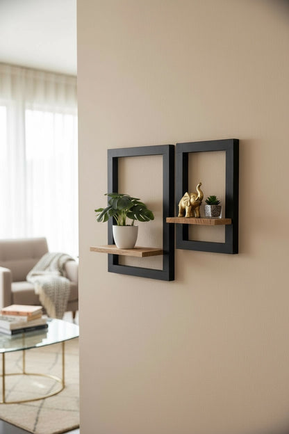 Étagère murale en bois à suspendre - Étagère de rangement - Cadre noir moderne et surface de rangement marron naturel - Lot de 2 - 60 x 40 x 2 cm et 40 x 30 x 2 cm