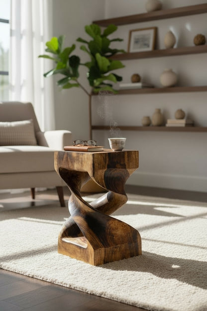 Holz Beistelltisch - Holzhocker Couchtisch - Flambierter Handgefertigt - Gedreht aus massivem Suarholz - 50x28x28 cm