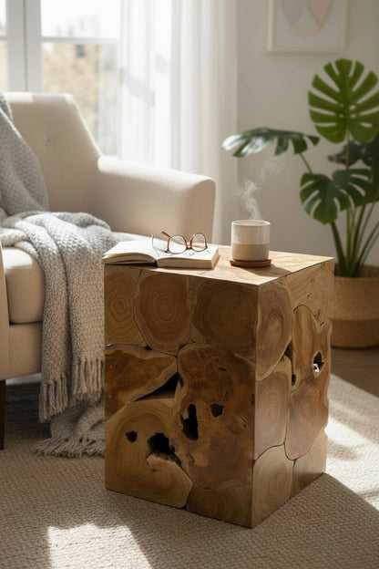 Table d'appoint en mosaïque de bois - table basse, table de chevet, tabouret pour plantes - fait main - 40&amp;60x40x40 cm