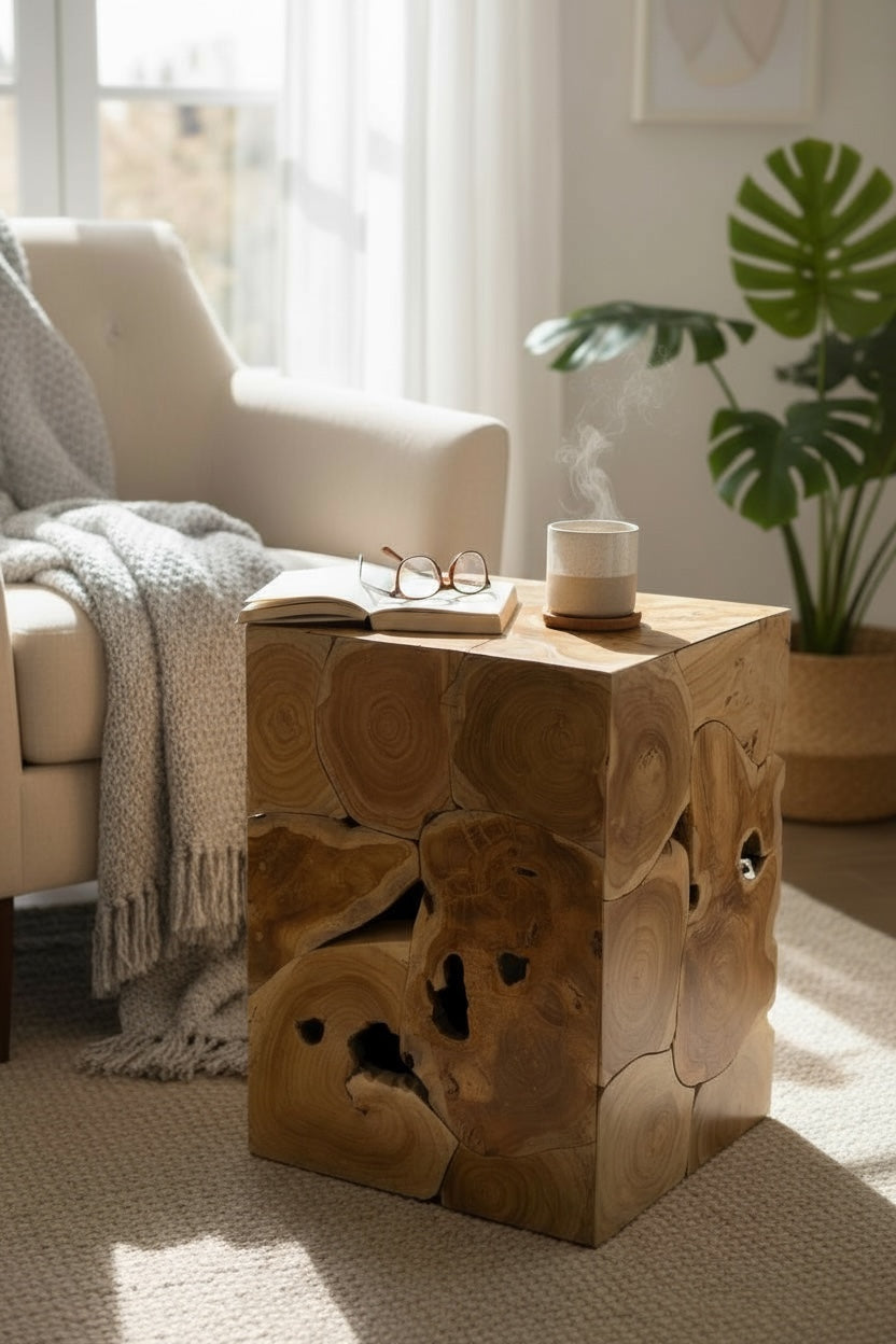 Table d'appoint en mosaïque de bois - table basse, table de chevet, tabouret pour plantes - fait main - 40&amp;60x40x40 cm