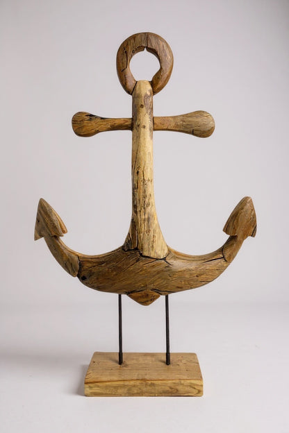 Ancre en teck - Sculpture décorative - Fabrication artisanale de haute qualité - Posée sur socle - Hauteur 50, 75 et 100 cm