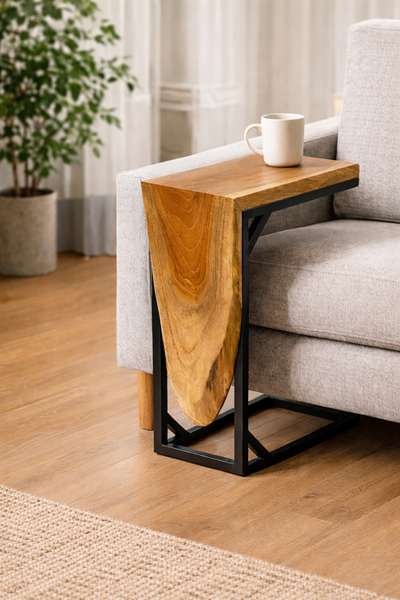 Table d'appoint multifonctionnelle - table basse de rangement - structure en C - bois de teck - 50x40x20 cm
