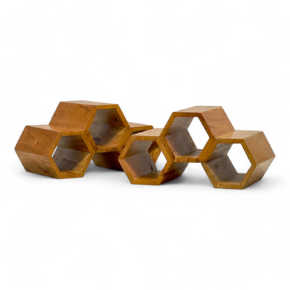 Holz Weinregal – Weinhalter Flaschenhalter - Küche Wohnzimmer Bar - Dekorative Honigwabenform – Aus Teakholz für 3 Flaschen – 18x34x18 cm
