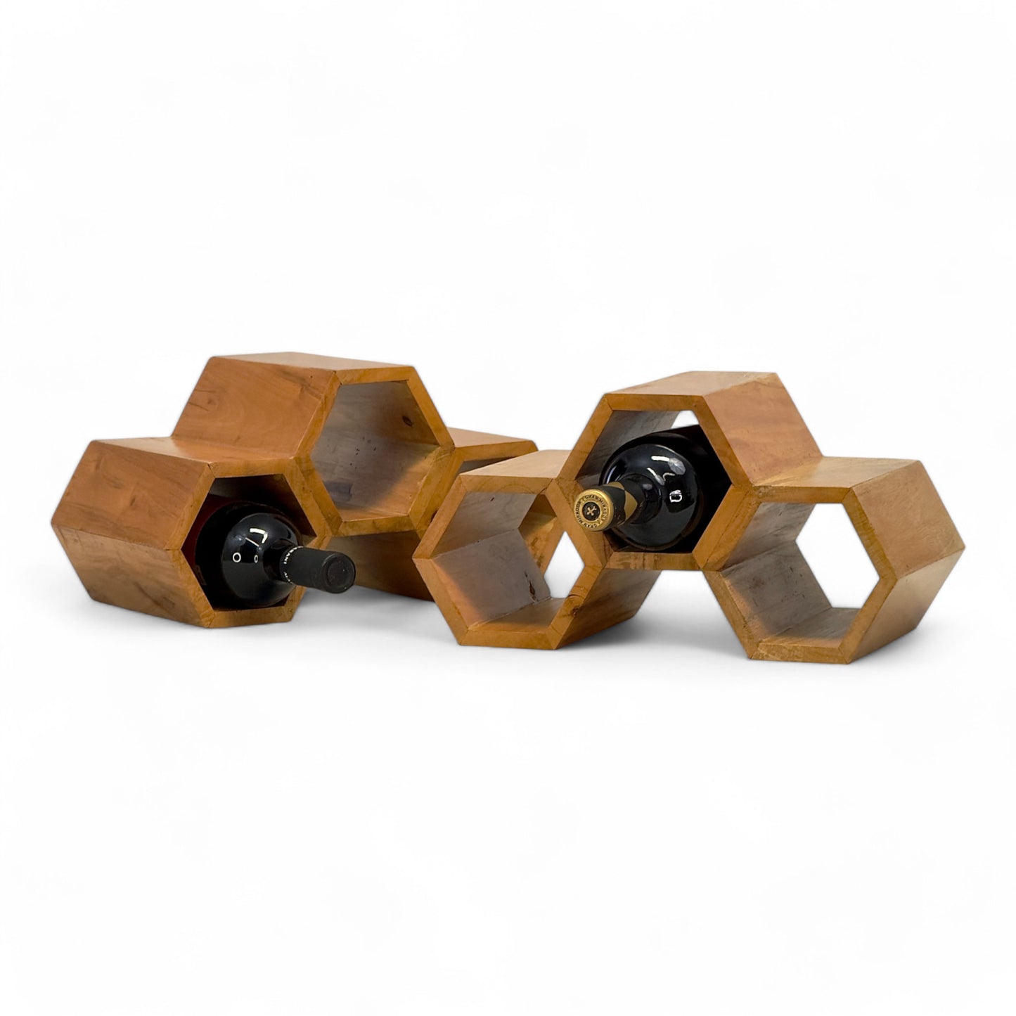 Holz Weinregal – Weinhalter Flaschenhalter - Küche Wohnzimmer Bar - Dekorative Honigwabenform – Aus Teakholz für 3 Flaschen – 18x34x18 cm
