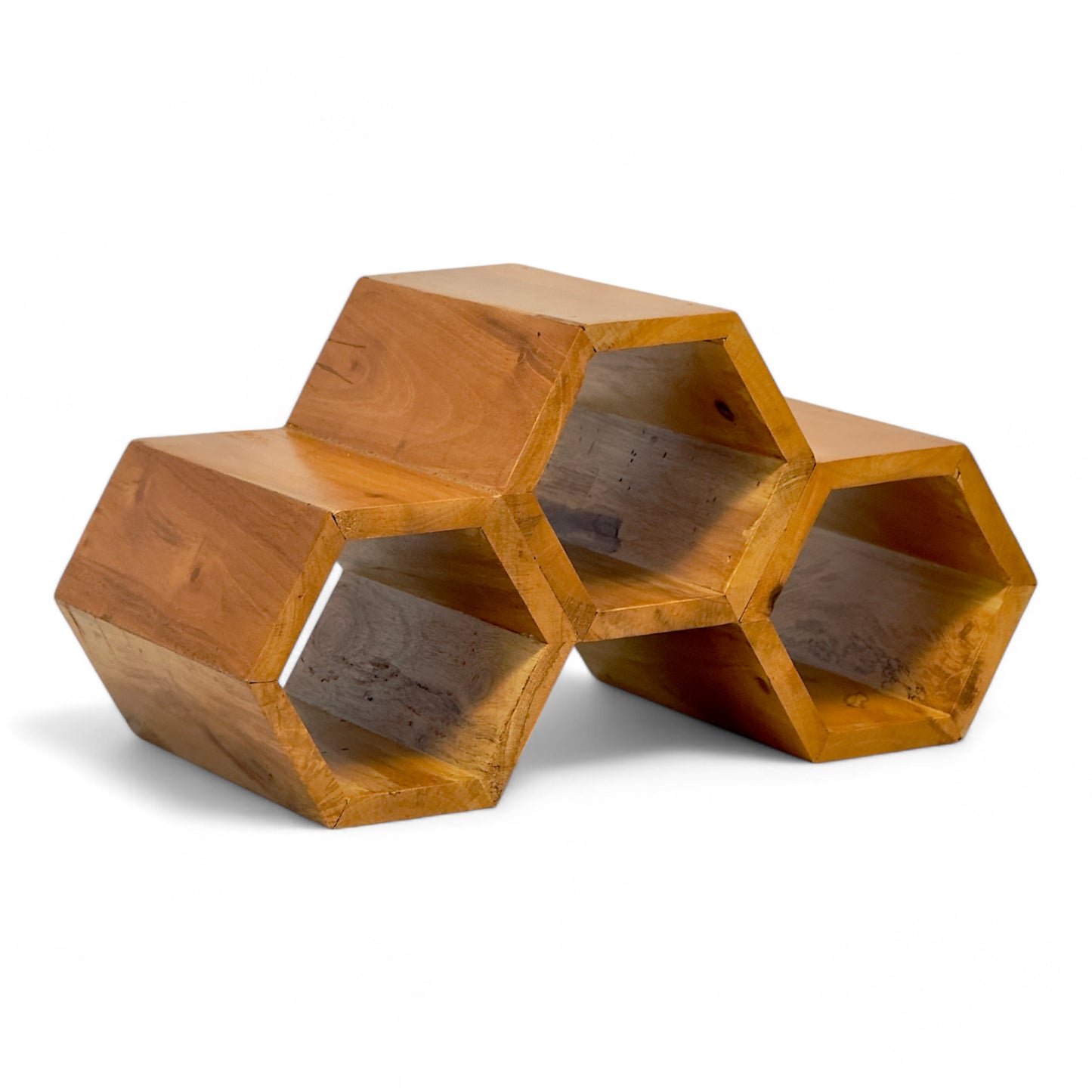 Holz Weinregal – Weinhalter Flaschenhalter - Küche Wohnzimmer Bar - Dekorative Honigwabenform – Aus Teakholz für 3 Flaschen – 18x34x18 cm