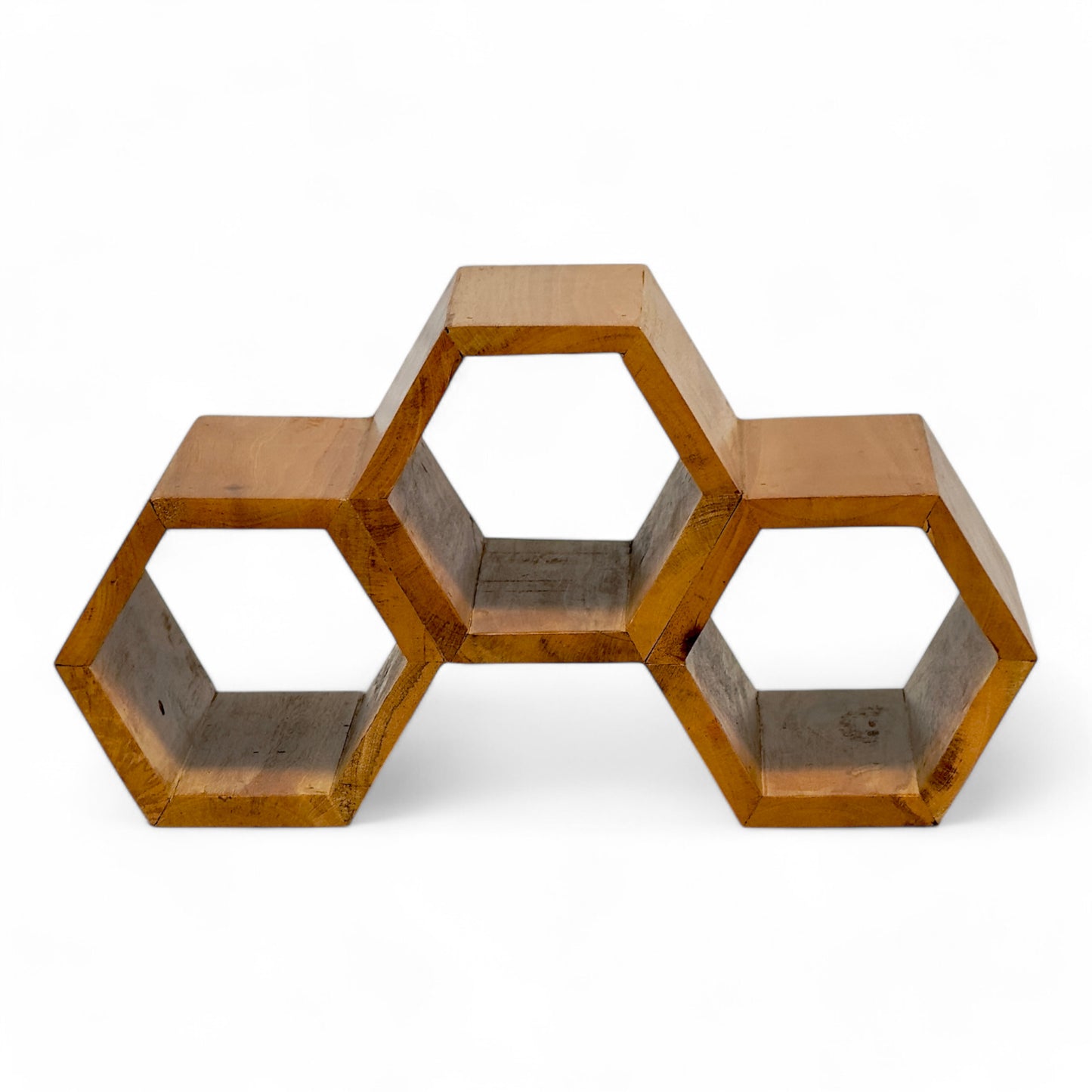 Holz Weinregal – Weinhalter Flaschenhalter - Küche Wohnzimmer Bar - Dekorative Honigwabenform – Aus Teakholz für 3 Flaschen – 18x34x18 cm