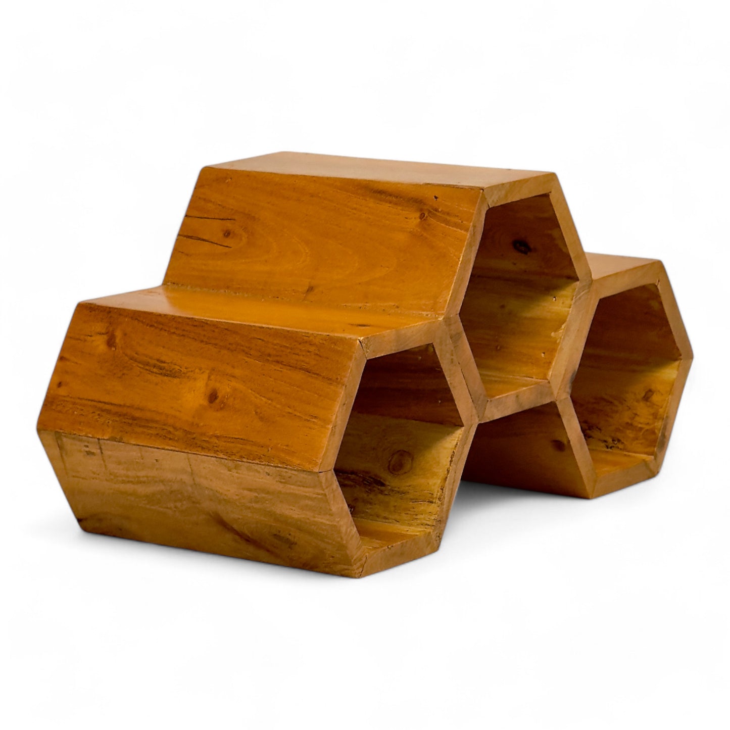 Holz Weinregal – Weinhalter Flaschenhalter - Küche Wohnzimmer Bar - Dekorative Honigwabenform – Aus Teakholz für 3 Flaschen – 18x34x18 cm