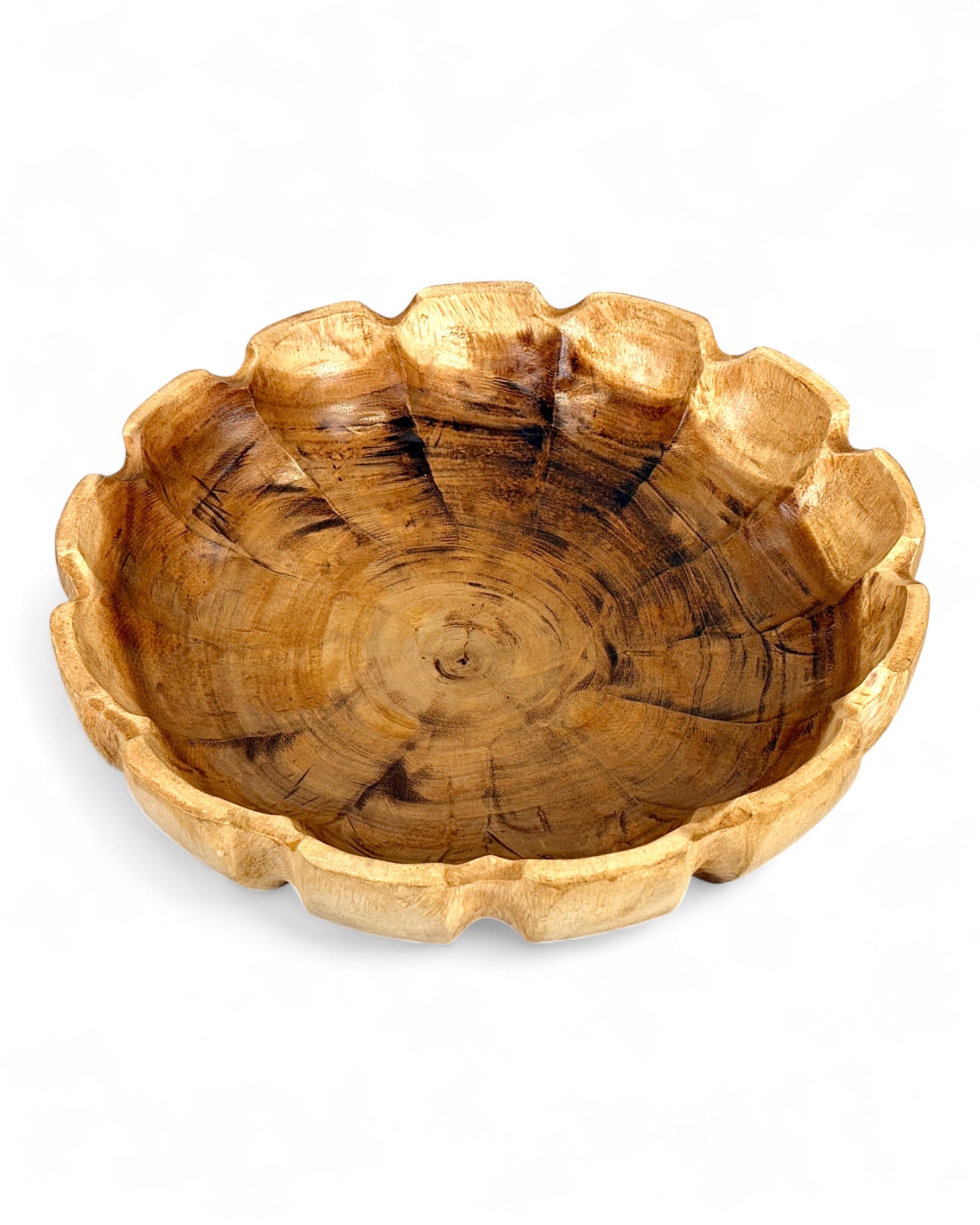 Holzschale rund in Blütenform – handgefertigte Massivholz Schale, dekorative Obstschale & Wohnaccessoire - Ø45 cm
