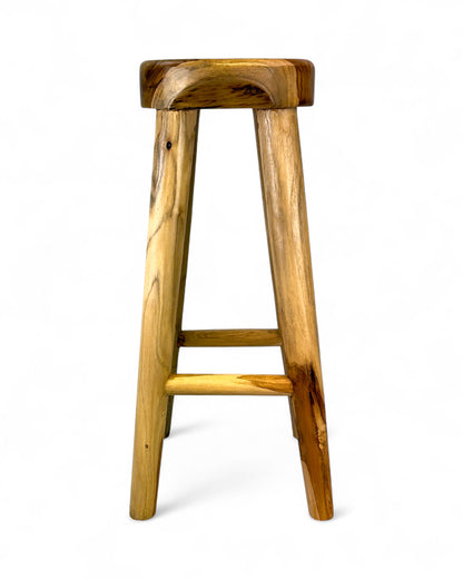 Solid wood bar stool – Handcrafted rustic wooden stool – Round seat for kitchen, bar &amp; dining area – 30x75 cm