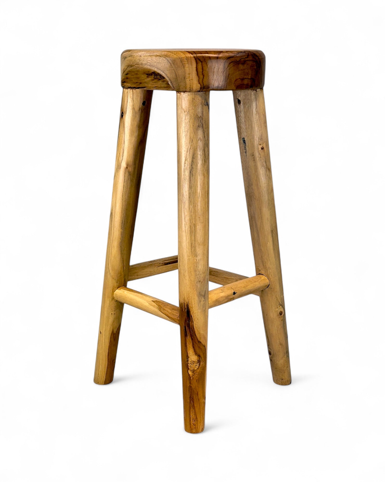 Barhocker aus massivem Holz – Handgefertigter rustikaler Holzhocker - Runde Sitzfläche für Küche, Bar & Essbereich - 30x75 cm