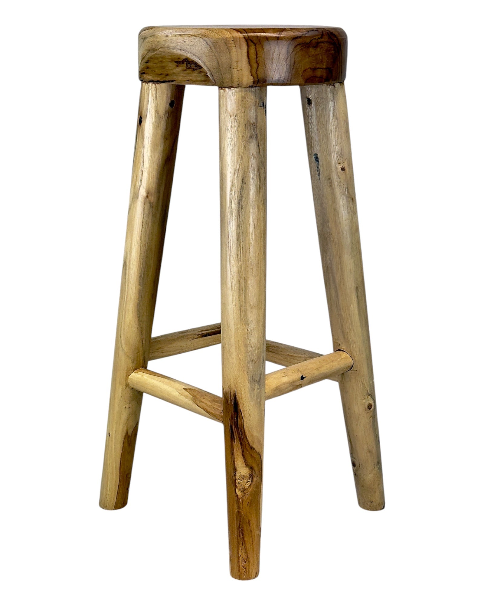 Barhocker aus massivem Holz – Handgefertigter rustikaler Holzhocker - Runde Sitzfläche für Küche, Bar & Essbereich - 30x75 cm