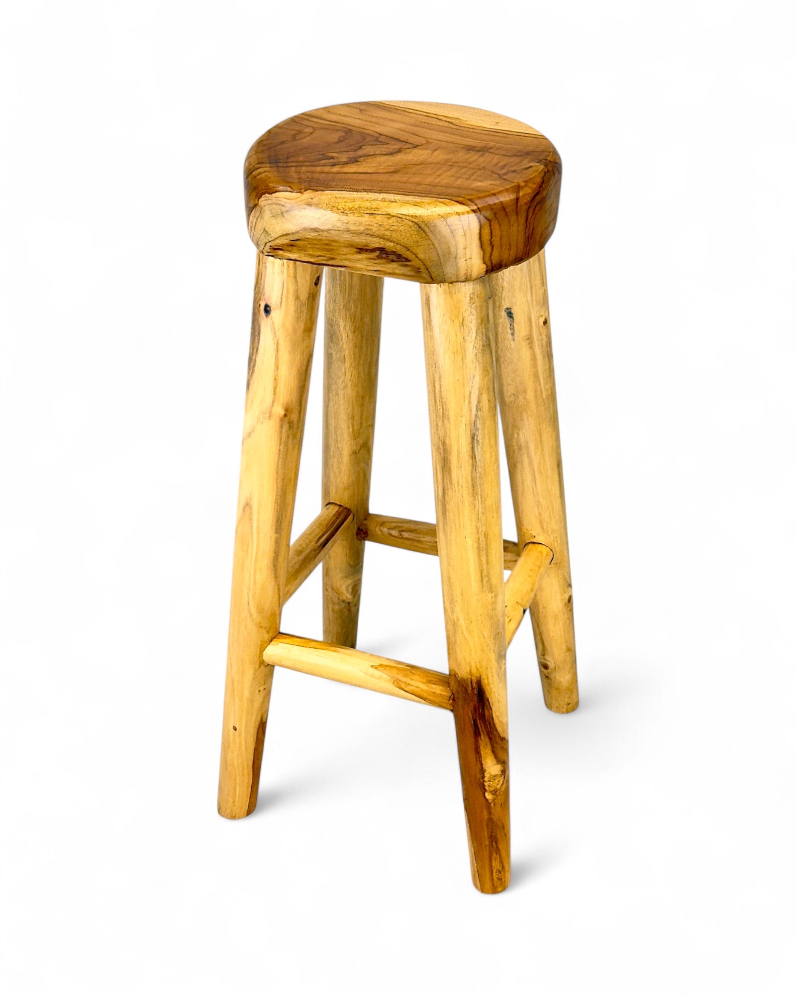 Barhocker aus massivem Holz – Handgefertigter rustikaler Holzhocker - Runde Sitzfläche für Küche, Bar & Essbereich - 30x75 cm