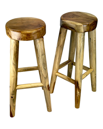 Barhocker aus massivem Holz – Handgefertigter rustikaler Holzhocker - Runde Sitzfläche für Küche, Bar & Essbereich - 30x75 cm
