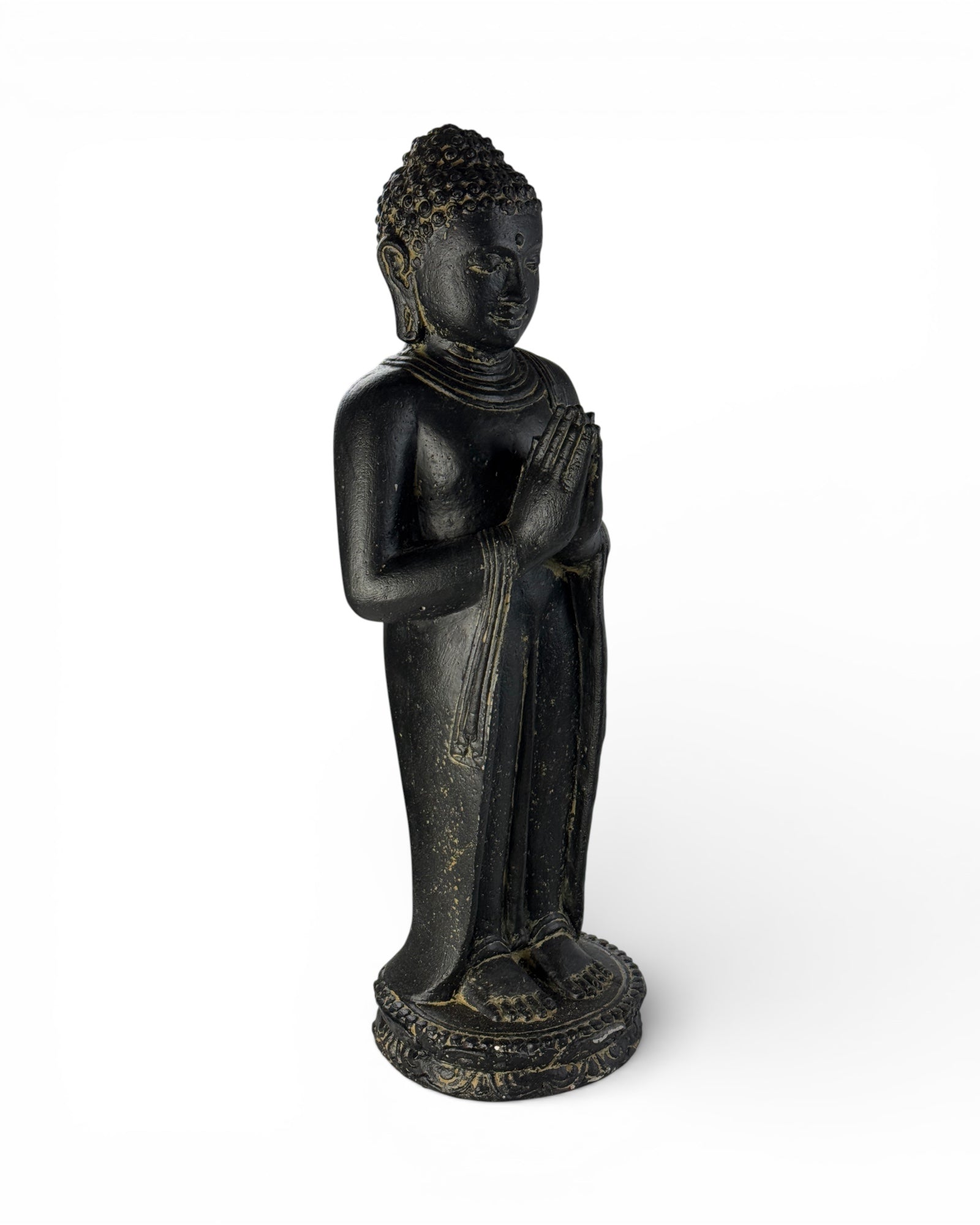 Buddha Figur stehend betend – Garten Terrasse Eingangsbereich Deko – Wetterfest – Stein Statue Namaste schwarz gold – 50x18x16 cm