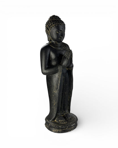 Buddha Figur stehend betend – Garten Terrasse Eingangsbereich Deko – Wetterfest – Stein Statue Namaste schwarz gold – 50x18x16 cm