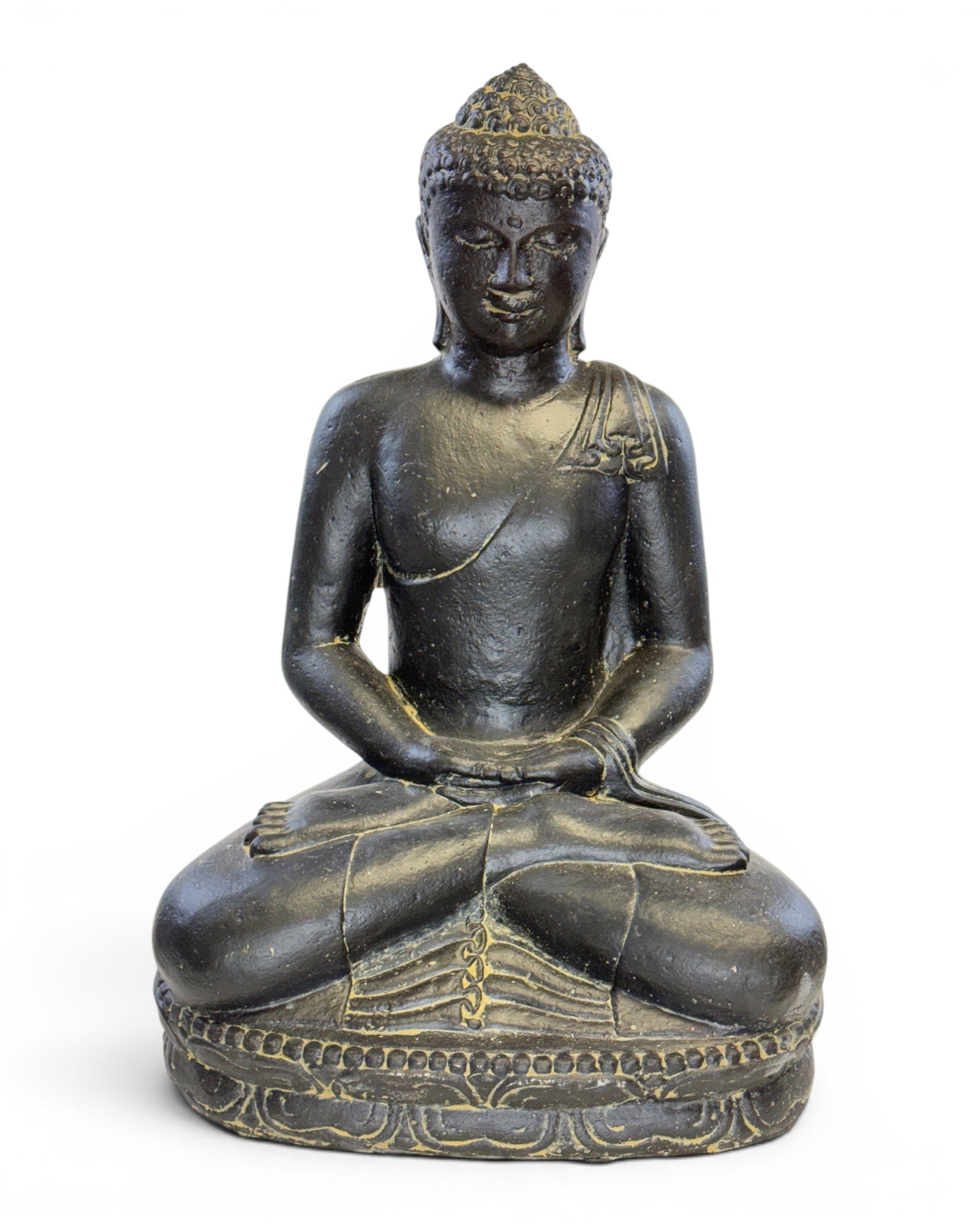 Stein Buddha Skulptur – Sitzende Buddha Figur – Schwarz-Gold – Handgefertigt, dekorativ und ausdrucksstark – 45x30x20 cm