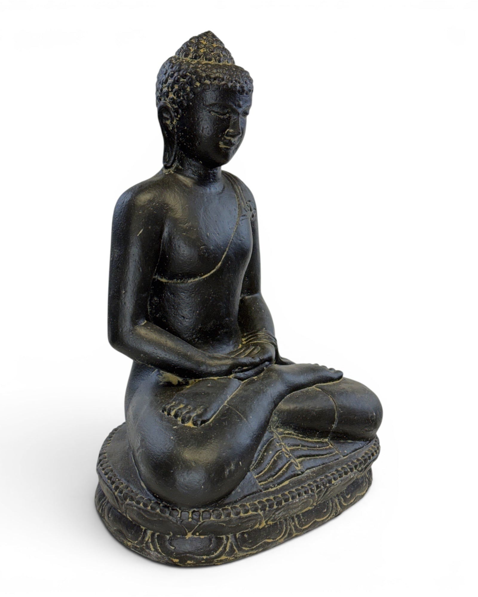 Stein Buddha Skulptur – Sitzende Buddha Figur – Schwarz-Gold – Handgefertigt, dekorativ und ausdrucksstark – 45x30x20 cm