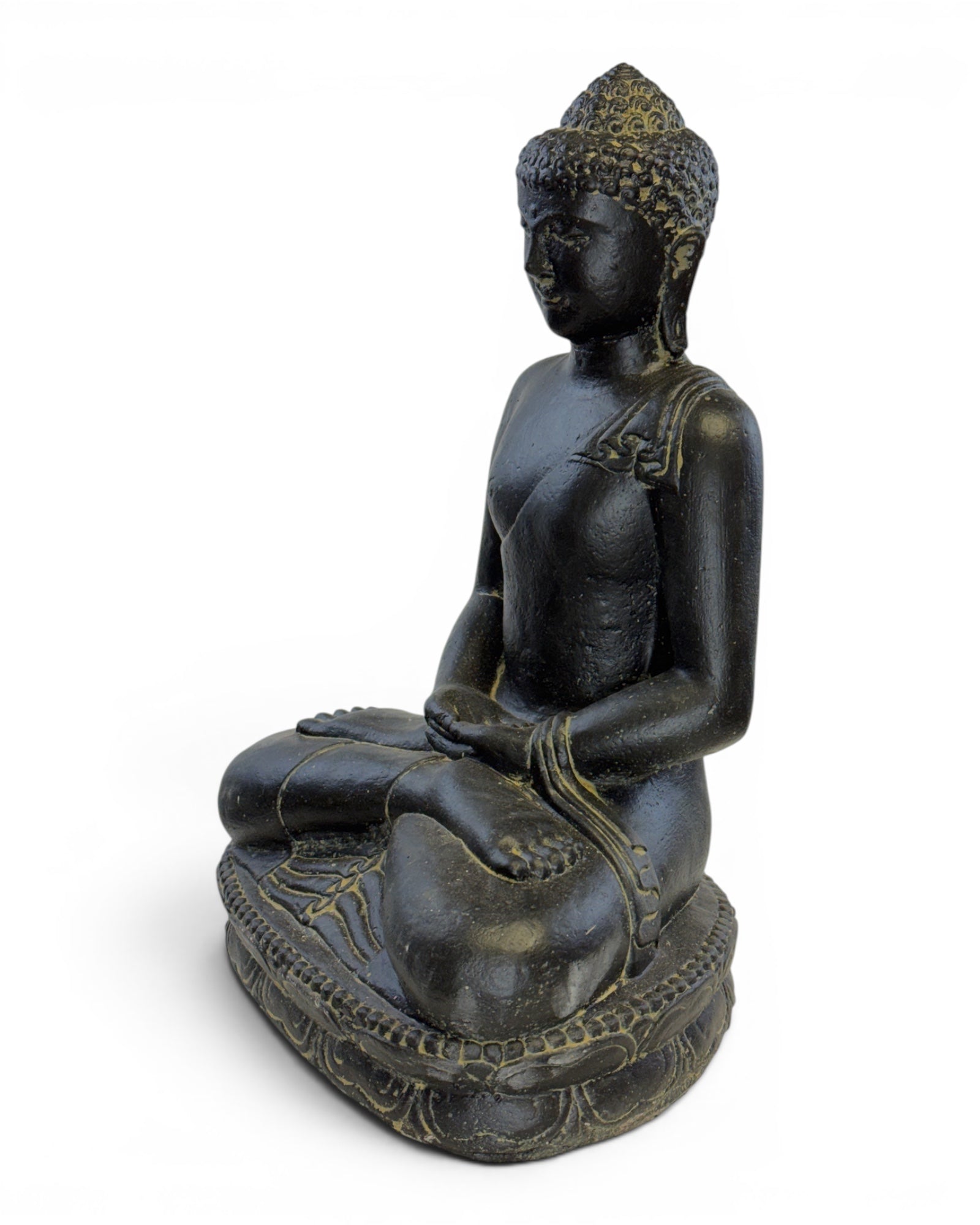 Stein Buddha Skulptur – Sitzende Buddha Figur – Schwarz-Gold – Handgefertigt, dekorativ und ausdrucksstark – 45x30x20 cm