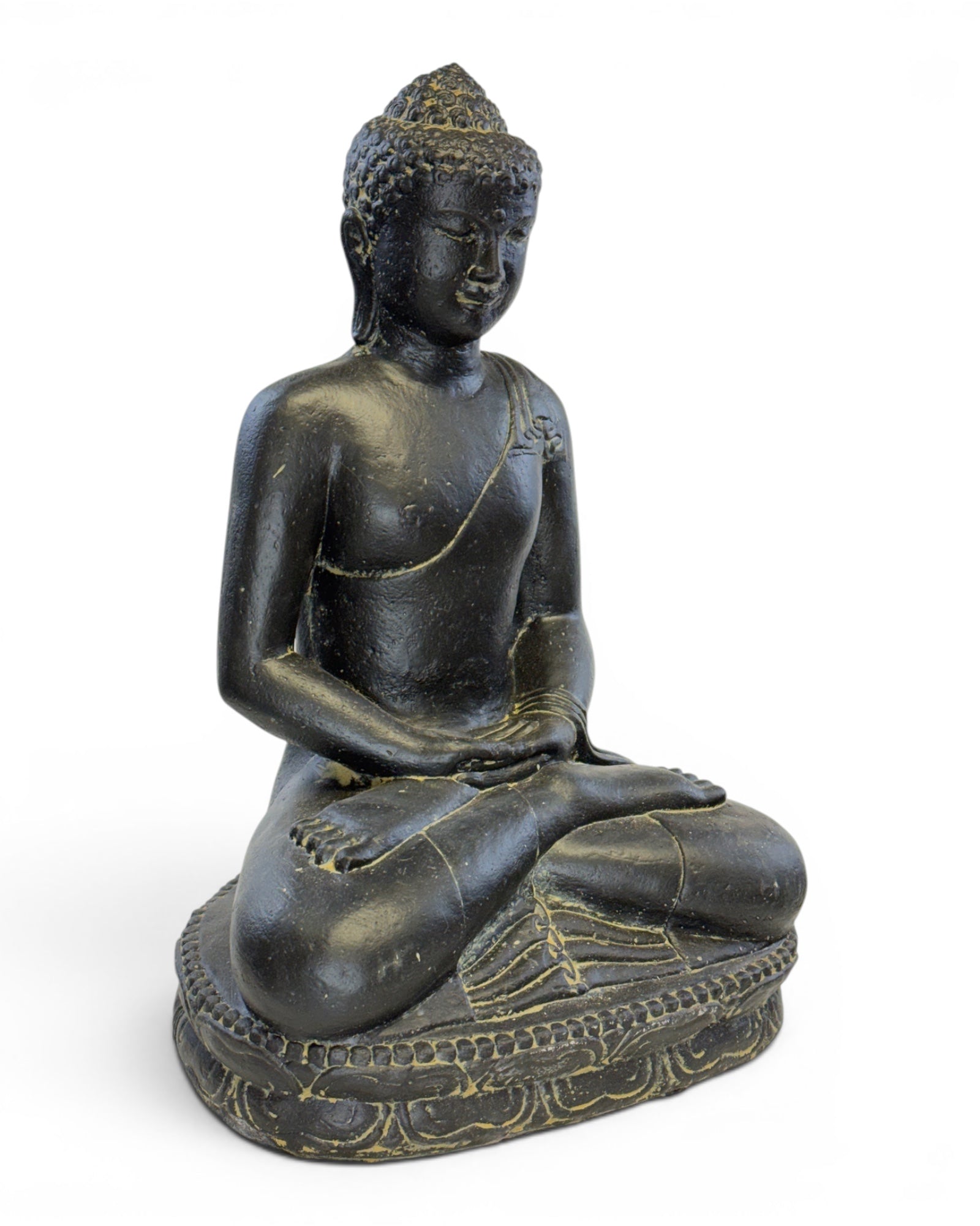 Stein Buddha Skulptur – Sitzende Buddha Figur – Schwarz-Gold – Handgefertigt, dekorativ und ausdrucksstark – 45x30x20 cm