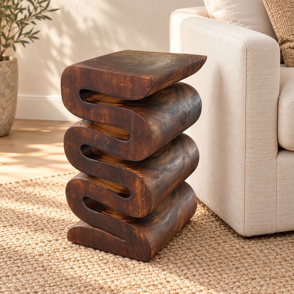 Tabouret en bois - table d'appoint tabouret à fleurs table de rangement - fait main - serpent flambé en bois de suar massif - 50x30x30 cm