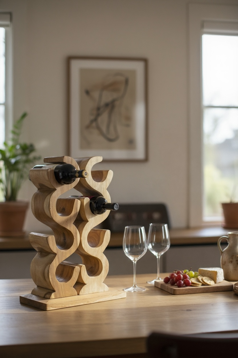 Holz Weinregal – Weinhalter Flaschenhalter - Küche Wohnzimmer Bar - Dekorativ Geschwungen – Aus Teakholz für 8 Flaschen – 60x40x20 cm