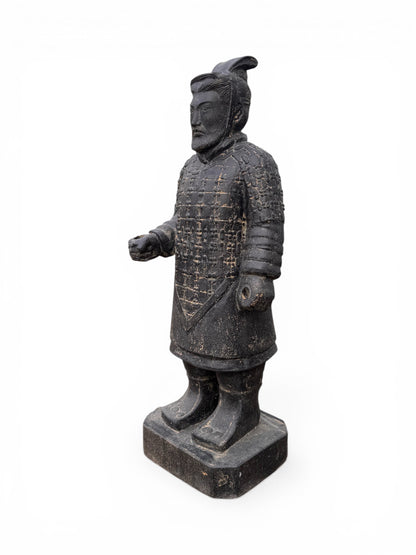 FaHome black stone cast Terracotta Warrior statue, 100cm tall, detailed armour, for garden or home decor.