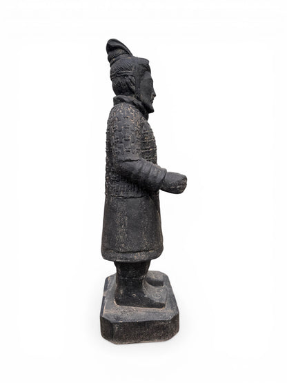FaHome black stone-cast Terracotta Warrior statue, 100cm tall, detailed Asian garden sculpture, weather-resistant.