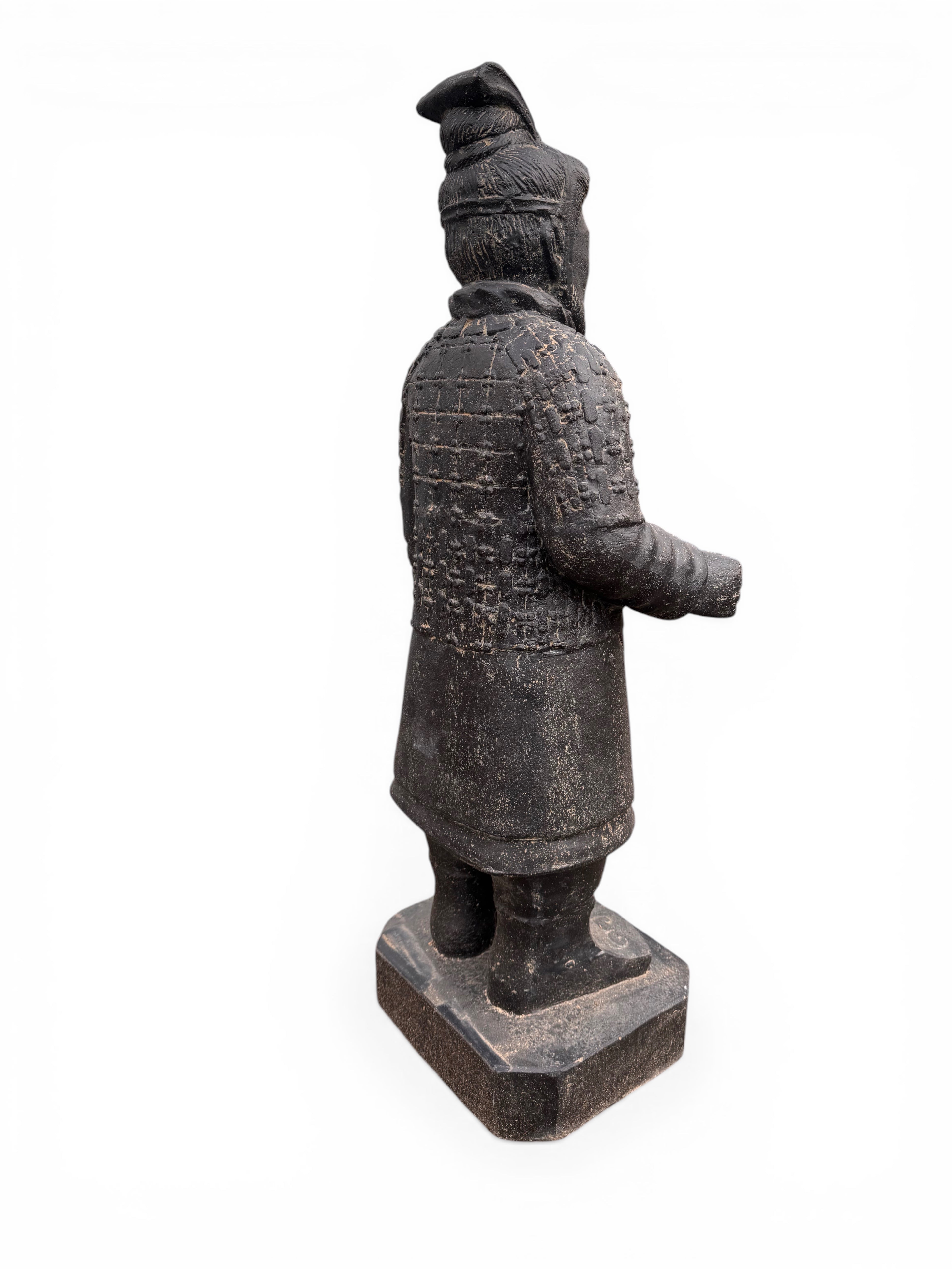 FaHome black stone-cast Terracotta Warrior statue, 100cm tall, detailed armour, for garden or home decor.