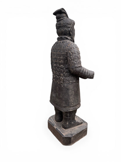 FaHome black stone-cast Terracotta Warrior statue, 100cm tall, detailed armour, for garden or home decor.