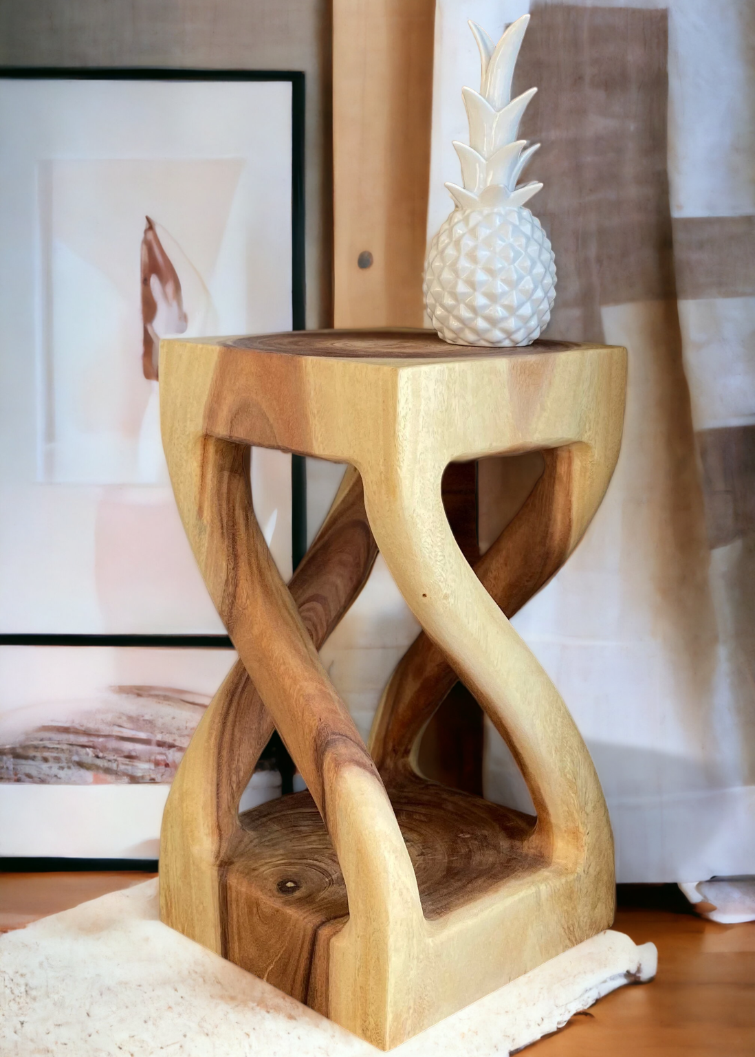 Wooden side table - Turned wooden stool (50x28x28cm) - Wooden stool made of solid suar wood - Handmade wooden side table - Versatile wooden coffee table in premium quality