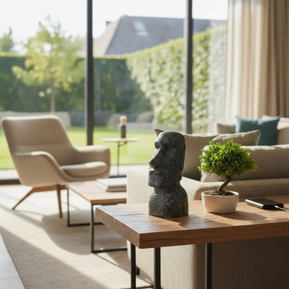 Statue de tête de Moaï - Sculpture décorative de jardin - Résistante aux intempéries - Figurine de l'île de Pâques Rapa Nui en béton de fibre de verre gris - 40x20x15 cm