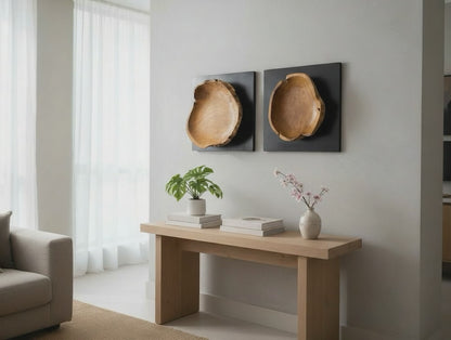 Wanddekoration aus Teakholz auf schwarzer Holzplatte – handgefertigtes Massivholz Unikat - moderne Naturholz Wandkunst - 40x40x10 cm