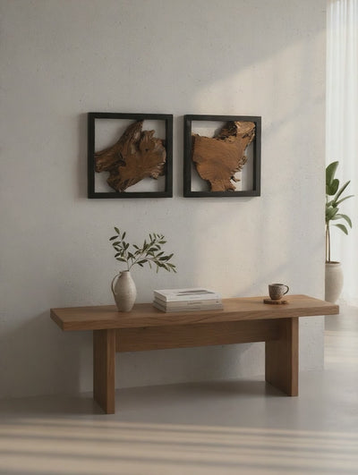 Wanddekoration aus Teakholz mit schwarzem Rahmen – handgefertigtes Massivholz Unikat - moderne Wandkunst aus Naturholz - 40x40x3,5 cm