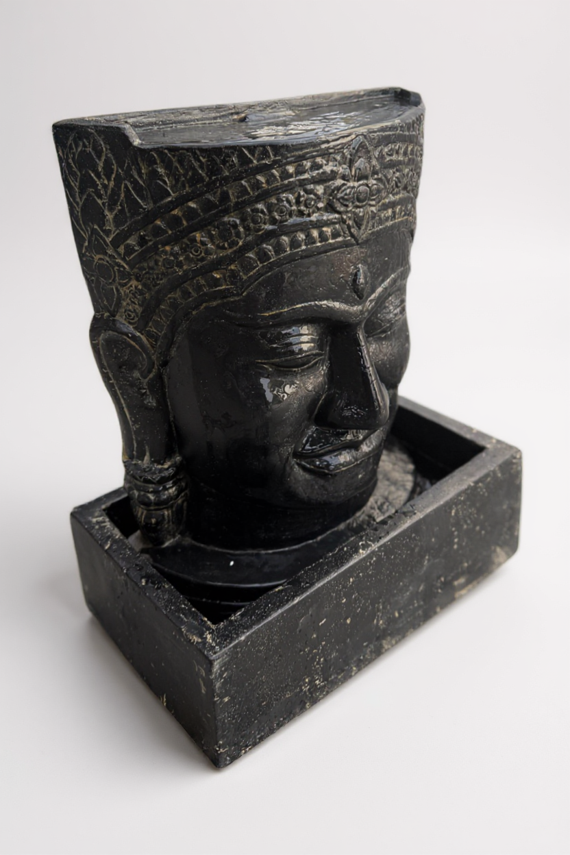 Khmer Kopf Springbrunnen - Garten Deko Wasserfall - Wetterfest - Steinguss Buddha Wasserspiel -  57x48,5x28 cm