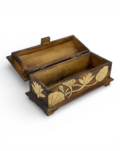 Unique piece: Decorative teak wood chest with floral decoration - 37.5 × 16 × 16 cm