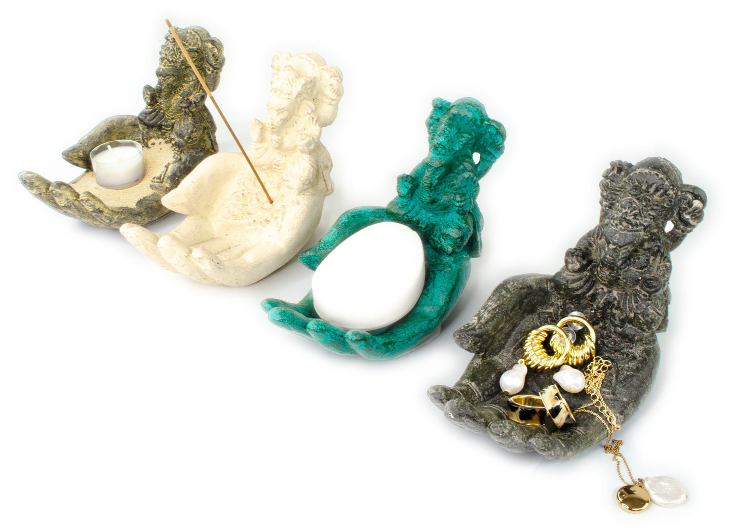 Ganesha Hand Skulptur - Deko Raumdeko Seifenschale Räucherstäbchen - Hindu Gottheit des Glückes - Elefant Grau - 13x9x15 cm