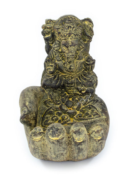 Ganesha Hand Skulptur - Deko Raumdeko Seifenschale Räucherstäbchen - Hindu Gottheit des Glückes - Elefant Gelb - 13x9x15 cm