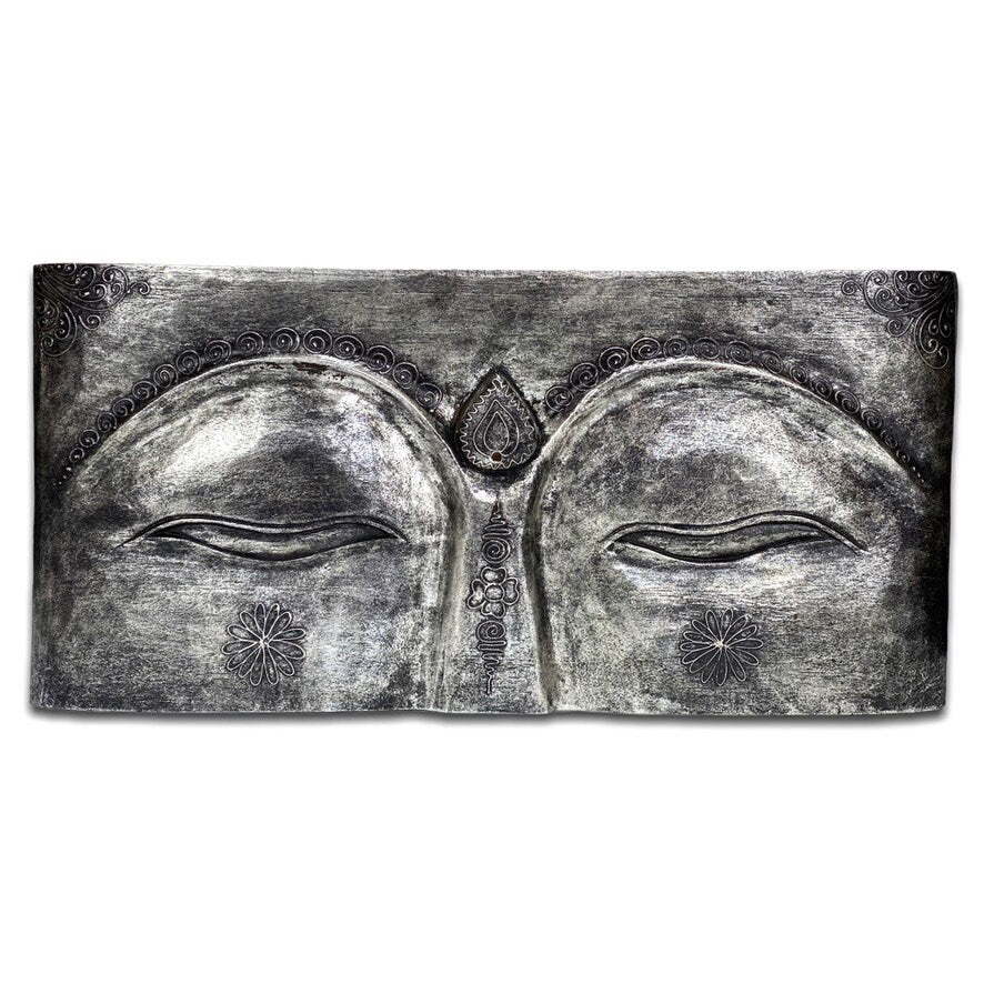 Buddha relief mural eyes 78x40x4 cm wood silver