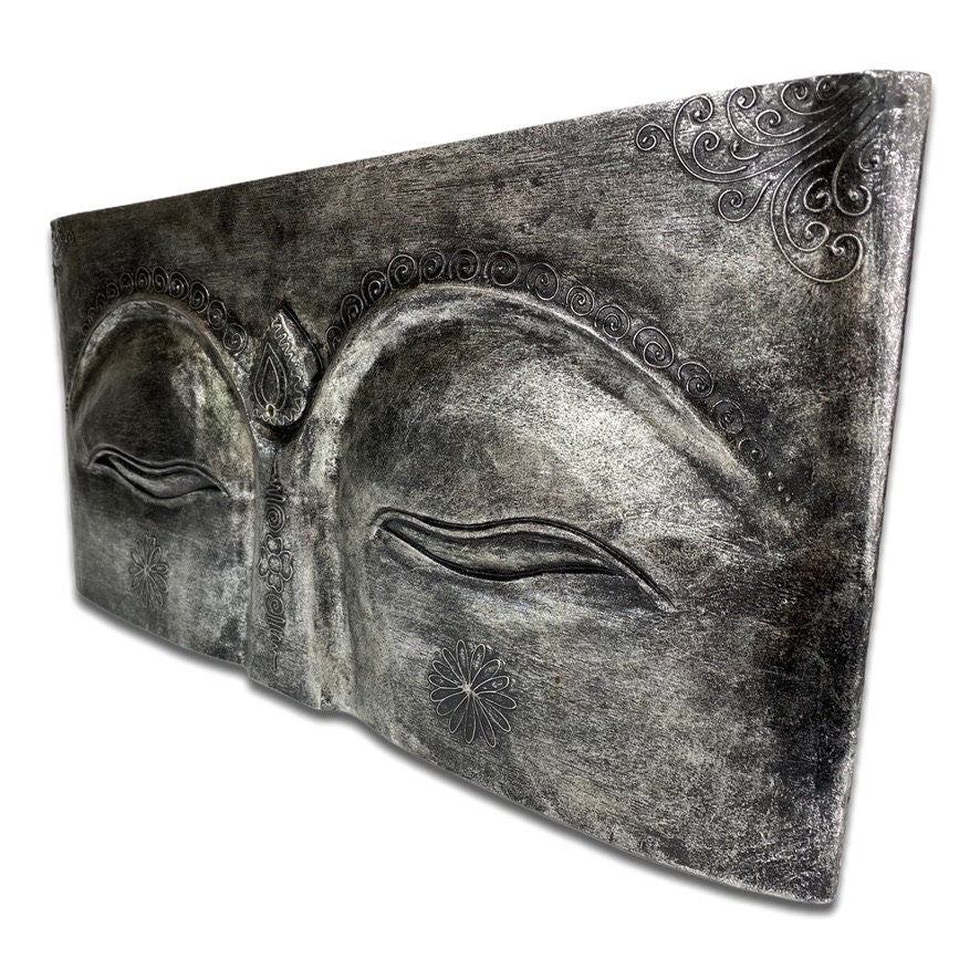 Buddha relief mural eyes 78x40x4 cm wood silver