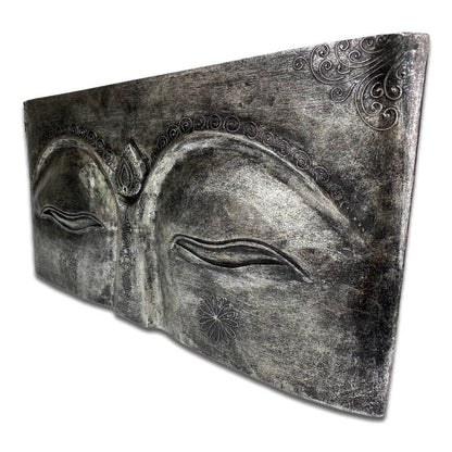 Buddha relief mural eyes 78x40x4 cm wood silver