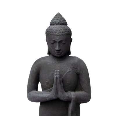 Statue de Bouddha en pierre de jardin debout en sable de lave 120 cm grande sculpture statue résistante aux intempéries et au gel en fonte solide noire