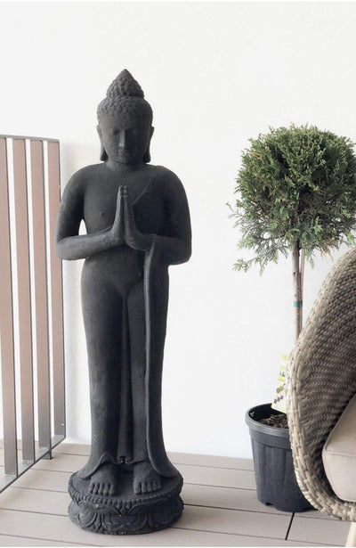 Statue de Bouddha en pierre de jardin debout en sable de lave 120 cm grande sculpture statue résistante aux intempéries et au gel en fonte solide noire