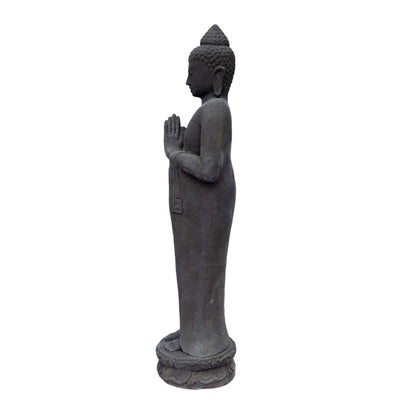 Statue de Bouddha en pierre de jardin debout en sable de lave 120 cm grande sculpture statue résistante aux intempéries et au gel en fonte solide noire