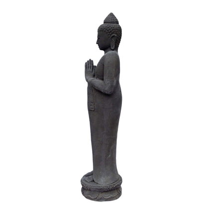 Buddha Figur Stein Garten stehend Lavasand 120 cm Groß Skulptur Wetterfest Statue Frostfest massiv Guss Schwarz