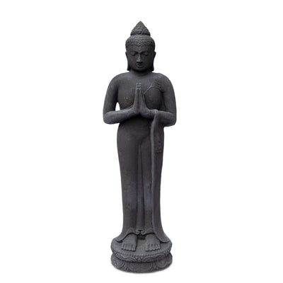 Statue de Bouddha en pierre de jardin debout en sable de lave 120 cm grande sculpture statue résistante aux intempéries et au gel en fonte solide noire